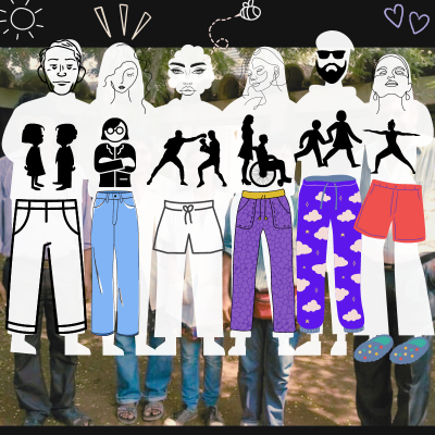 A multilayered composite of image and graphics that shows six figures standing side by side, each figure also acts as a frame for graphics of people doing things, speaking, waiting, boxing, a person walking with a wheelchair user, two people running and one person exercising.